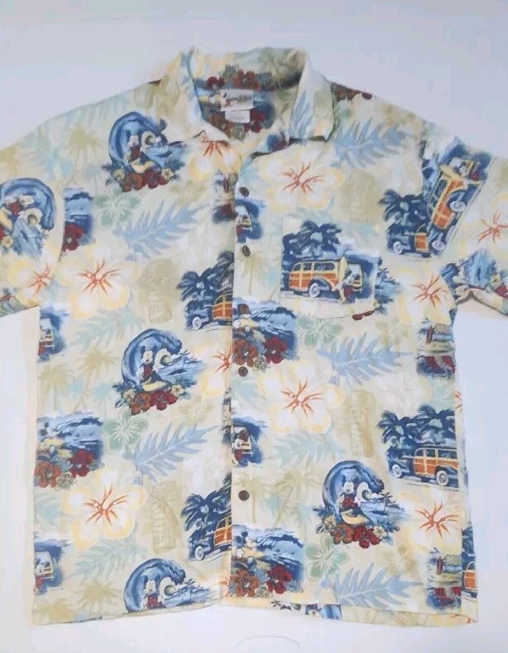 Disneyland Resort Mickey Hawaiian Camp Shirt Surfing Woody Car Men Medium